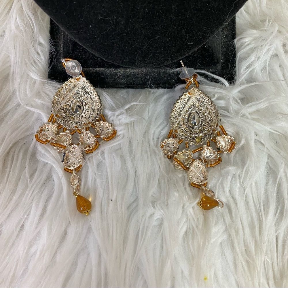 Orange Stone Silver Statement Necklace Dangle Ear… - image 4